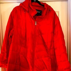 Red long down jacket.